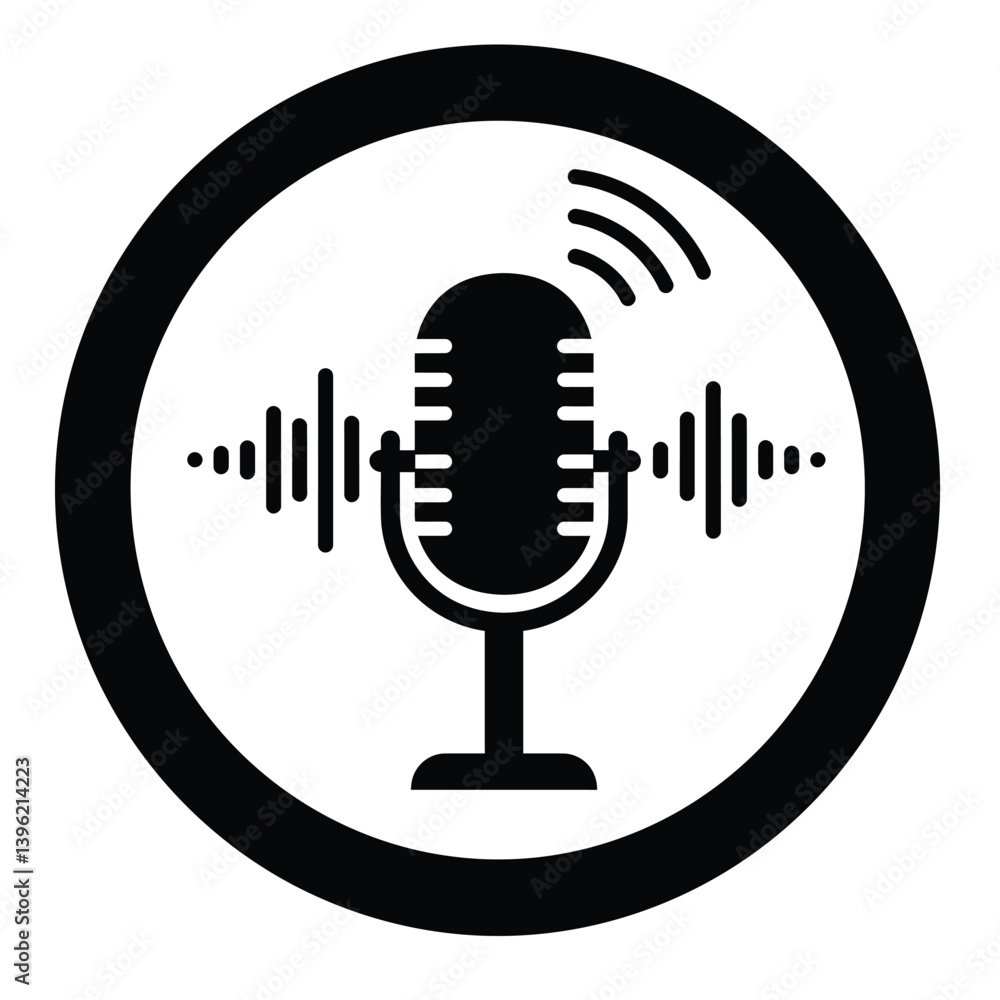 Poster podcast microphone with sound wave icon representing audio recording and broadcasting
