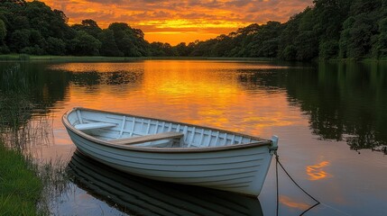 Obraz premium Serene lake sunrise with a rowboat