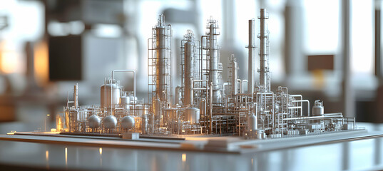 Fototapeta premium A detailed chemical factory model with distillation towers and storage tanks, placed on a corporate office desk