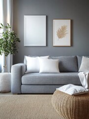 Modern Scandinavian Living Room with Gray Sofa and White Pillows Soft Lighting 3D Render