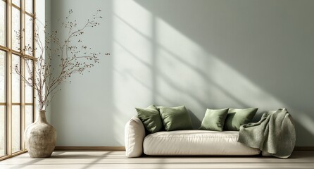 Scandinavian Minimalist Living Room Interior Design with Modern Sofa and Green Accents