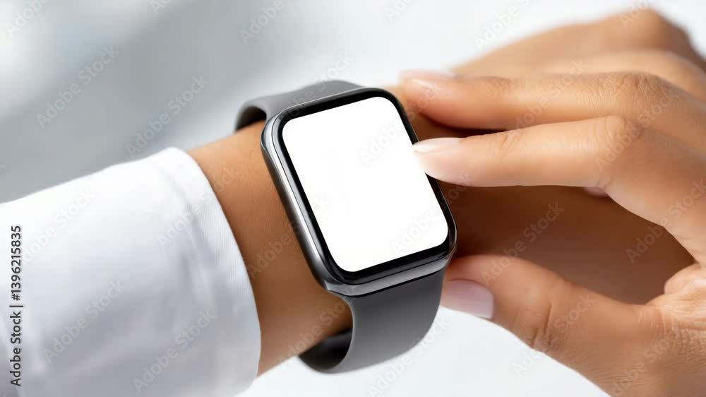 Poster smartwatch on wrist with blank screen for customization.