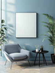 Contemporary Minimalist Living Room with Gray Armchair and Indoor Plant Decoration