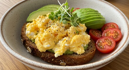 Aesthetic avocado toast with scrambled eggs, a wholesome and delightful breakfast option