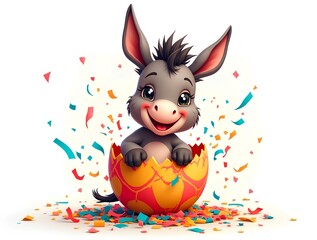 Smiling cartoon donkey inside a colorful decorative egg, surrounded by falling confetti. Fun and bright illustration for Cinco de Mayo, birthdays or celebration materials.