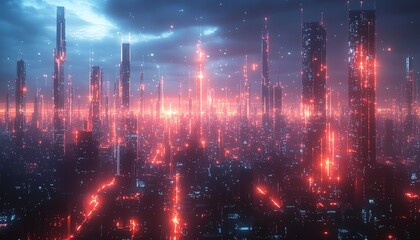 Obraz premium Cyberpunk city skyline at night, glowing red.