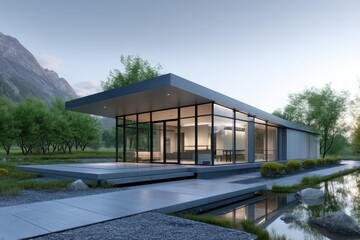 Fototapeta premium Modern home with glass walls and pond reflecting the sky and trees near a mountain range