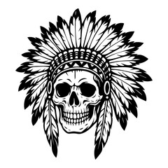 Skull with Native Headdress, Tribal Skull Art, Warrior Skull Illustration, Black and White Vector, Skull with Feathers