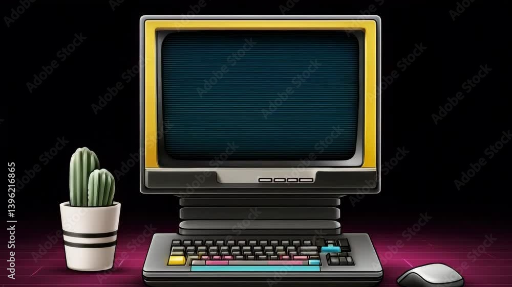 Aufkleber retro computer with cactus on a stylized desk.