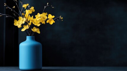 A vibrant bouquet of yellow blossoms in a stylish blue vase