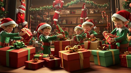 Elves wrapping presents Santas gift factory A fun and whimsical scene of hardworking elves wrapping gifts and tying ribbons