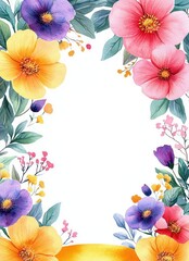 Fototapeta premium Vibrant Watercolor Floral Border with Pink Yellow and Purple Flowers and Green Leaves for Nursery Invitations and Greeting Cards