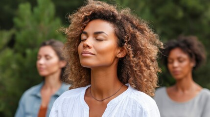 Obraz premium Close-up of three women deeply meditating with eyes closed in a serene natural setting.