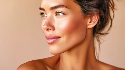 Obraz premium A captivating portrait of a woman with sun-kissed skin and a serene expression, looking off to the side.