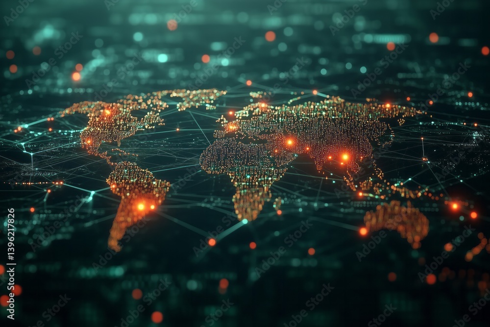 Poster global network and data exchange, world map showing connections and information flow