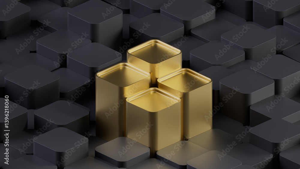 Poster 3d abstract black cube and gold cube. this background for businesses or technology. 3d rendering ill
