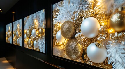 Exclusive business Christmas party invitation digital screens displaying festive gold white decor