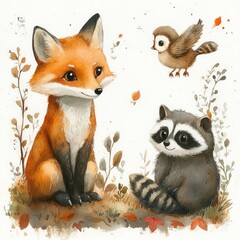 Obraz premium Watercolor Woodland Animals Collection Featuring Fox Raccoon Owl and Nature Elements for Baby Shower and Room Decor