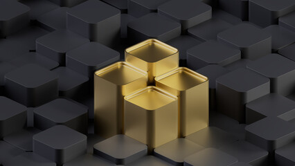 3d abstract black cube and gold cube. This background for businesses or technology. 3d rendering illustration not AI