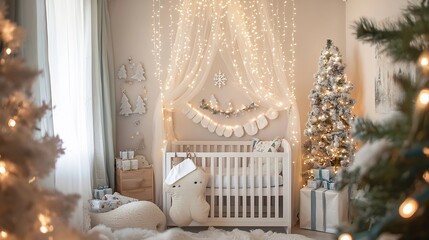 Fairytale Christmas nursery soft pastel color whimsical holiday decorations twinkling fairy lights dreamy winter ambiance