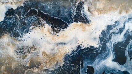 Aerial view of swirling water with foam and dark blue patches creating abstract patterns and textures