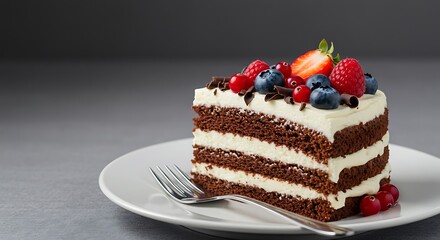 A Slice of Decadence: Chocolate Layer Cake with Cream and Fresh Berry Delight