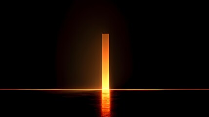 Vertical orange light beam shining against a dark background, illuminating the floor with a reflective orange surface, creating contrast.