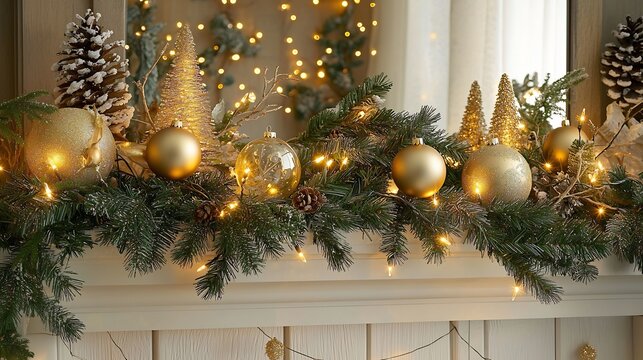 Fairytale inspired holiday mantel enchanted forest theme golden fairy lights delicate ornaments pine branches and a mystical Christmas ambiance
