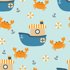 Cute seamless pattern with boats and crabs. Vector illustration. It can be used for wallpapers, wrapping, cards, patterns for clothes and other.