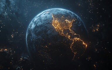 Fototapeta premium Connected planet Earth with glowing lines linking continents, futuristic global network, digital communication, AIgenerated, highresolution, scifi design
