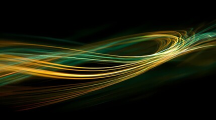 Abstract light streaks in golden and teal hues create dynamic movement against a stark black background. Energy, fluidity, and contrast.