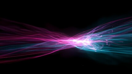 Abstract glowing lines of energy, with pink and blue flowing together on a black background, creating a futuristic and dynamic design.
