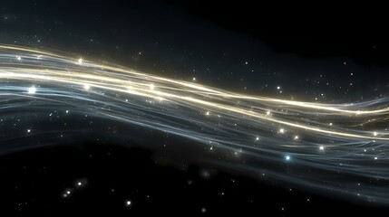 Streaks of white and gold light with shimmering particles against a dark backdrop evoke a sense of cosmic energy and ethereal movement.