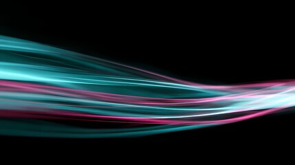Abstract light streaks flow across a black backdrop, blending vibrant shades of teal, pink, and white into a dynamic composition.