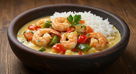 Delicious shrimp curry with rice served in a rustic wooden bowl, ready to eat