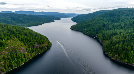 Aerial View Of Serene Lake Winding Through Lush Green Forest