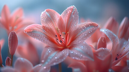 Fototapeta premium Close up of pink amaryllis flowers with water droplets in soft focus and dreamy lighting - A high-quality image ideal for desktop wallpapers, website backgrounds, or social media headers.