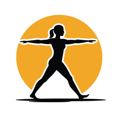 Woman Silhouette In Warrior Two Pose Yoga Vector Illustration On Orange Background