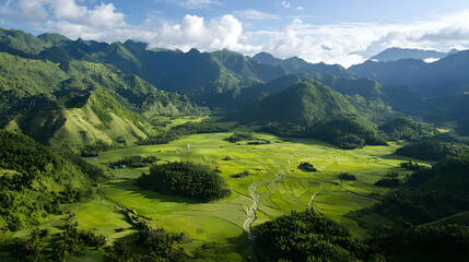 Fototapeta premium Aerial View Of Lush Green Valley Between Mountains