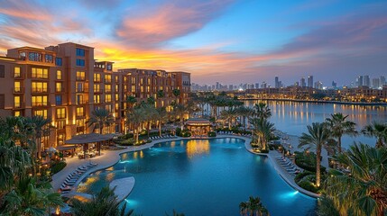 Obraz premium Stunning resort complex at sunset overlooking a lagoon