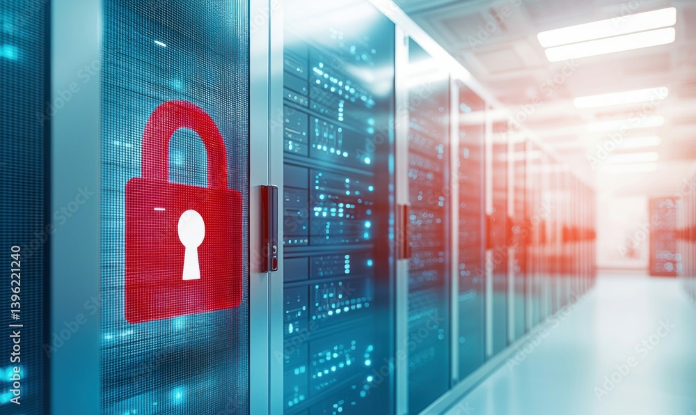 Poster server room with a large red padlock graphic, emphasizing digital data security and access.