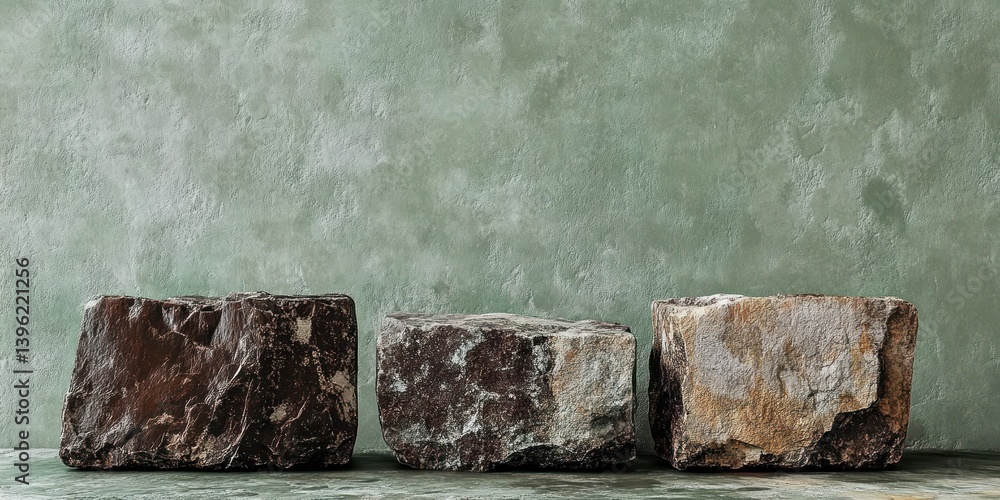 Poster cosmetic product presentation mockup with rustic stone blocks on green background for display and ad