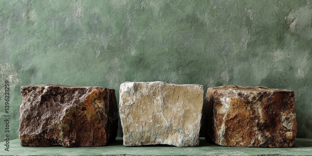 Poster cosmetic product presentation with rustic stone blocks on textured green background