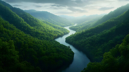 River Winding Through Lush Green Valley