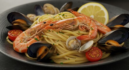 Delicious seafood pasta plate with shrimp, mussels, clams and tomatoes