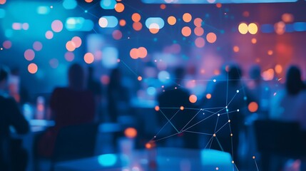 Abstract representation of a conference or networking event with blurry figures in the foreground and colorful lights and connections in the background