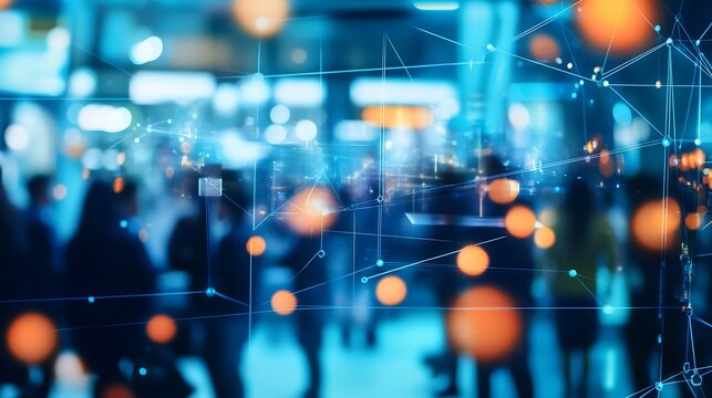 Abstract representation of urban life with a focus on technology, blurring figures of people in a bustling city environment alongside glowing data points and patterns