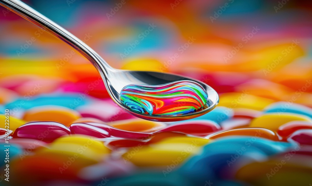 Poster a spoonful of vibrant liquid rests above a dazzling array of colorful candies, creating a delightful