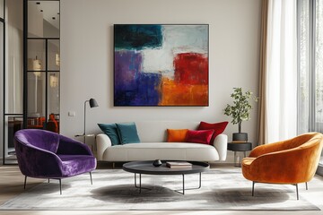 Modern living room with colorful abstract painting, featuring stylish furniture and decor