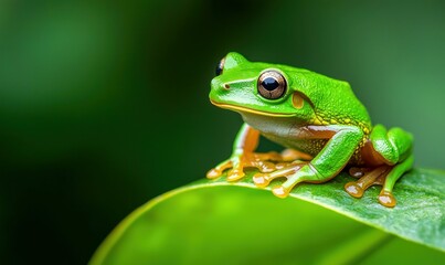 Obraz premium A bright green tree frog rests peacefully on a vibrant green leaf in its natural habitat.